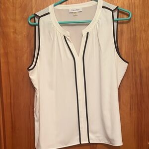Calvin Klein White and Black Trim Sleeveless Blouse PL